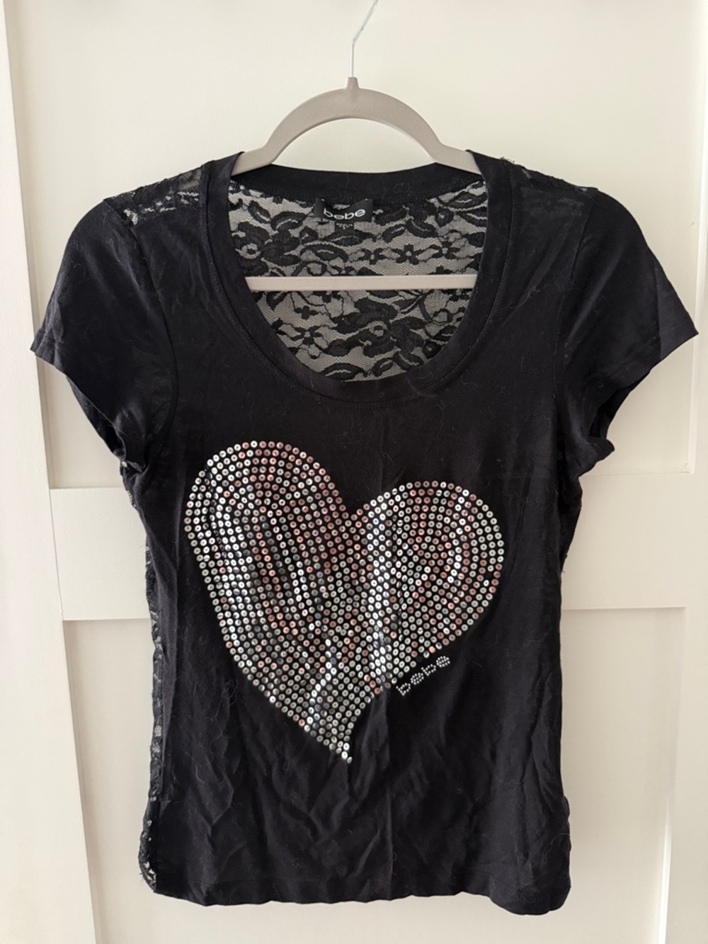 bebe Black Short-Sleeve Tee with Rhinestone Heart and Lace Back